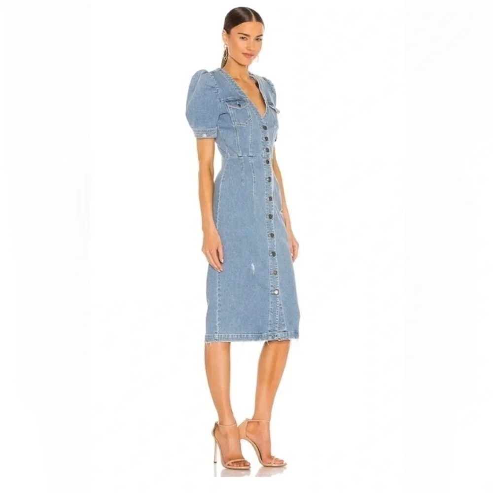 NWT Retrofete Annie Denim Button Up Puff Sleeve Dress in Laguna XS